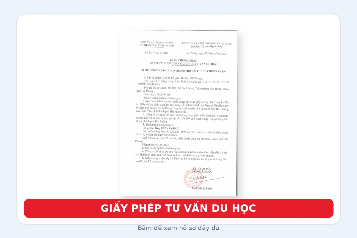 Giấy chứng nhận hoạt động tư vấn du học