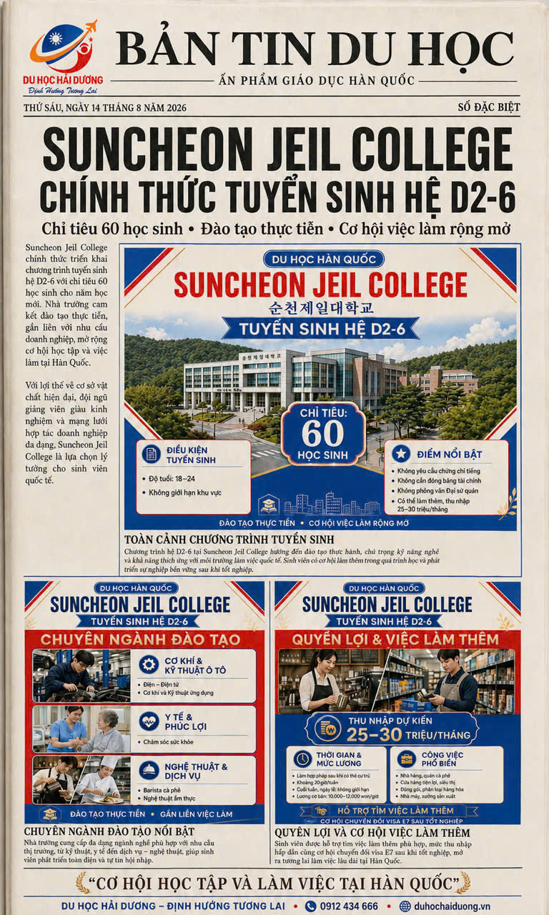 Đại học Suncheon Jeil College tuyển sinh hệ D26